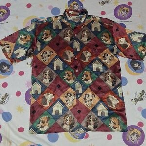 80s Lord & Taylor 100% Silk Dog All Over Print Button Up Shirt Vintage